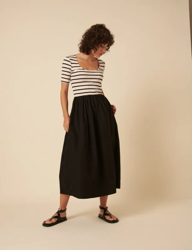 Black and White Stripe Tie Waist Dakota Midi Dress sold by Nobody's Child