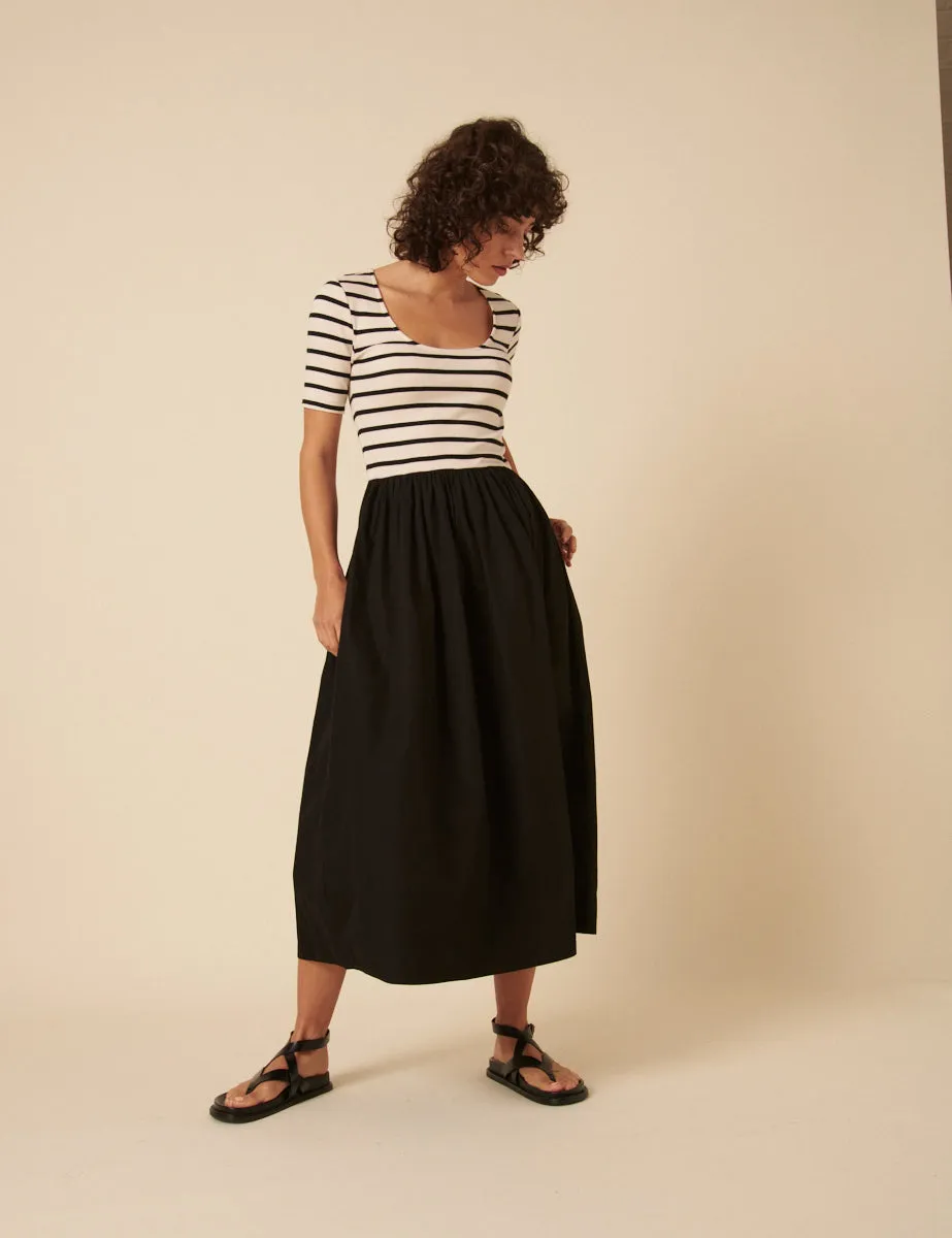 Black and White Stripe Tie Waist Dakota Midi Dress sold by Nobody's Child