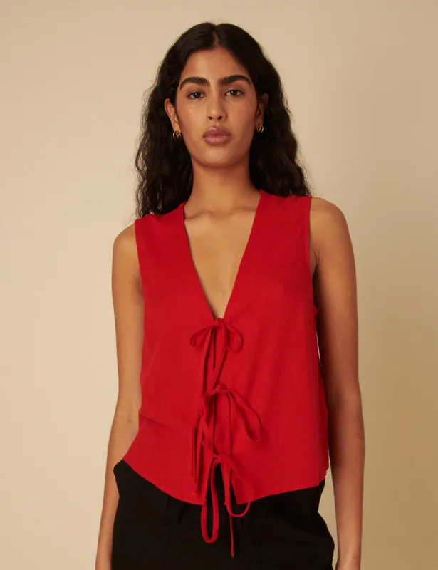 Red Linen-blend Tie Front Sleeveless Top sold by Nobody's Child