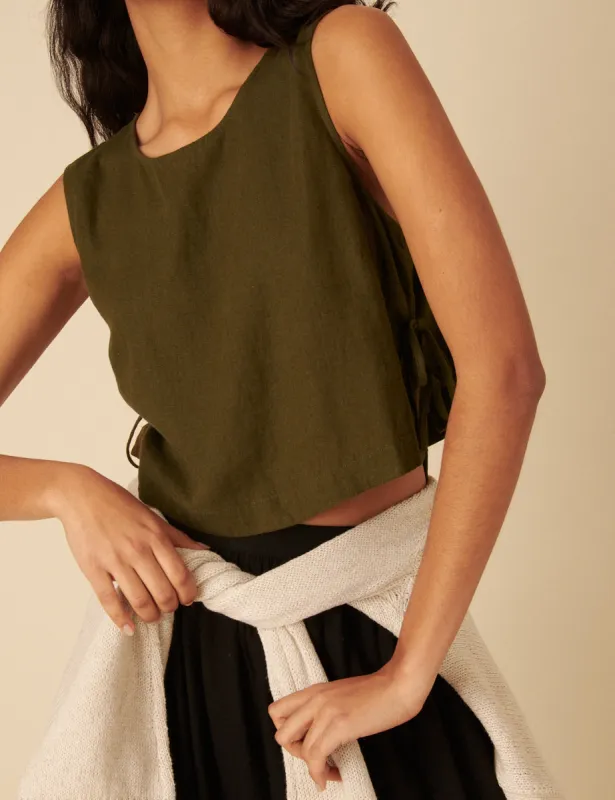 Khaki Green Linen-blend Side Tie Sleeveless Top sold by Nobody's Child