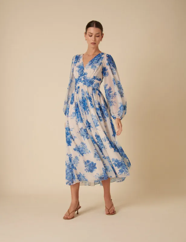 Blue Watercolour Floral Anya Midi Dress sold by Nobody's Child
