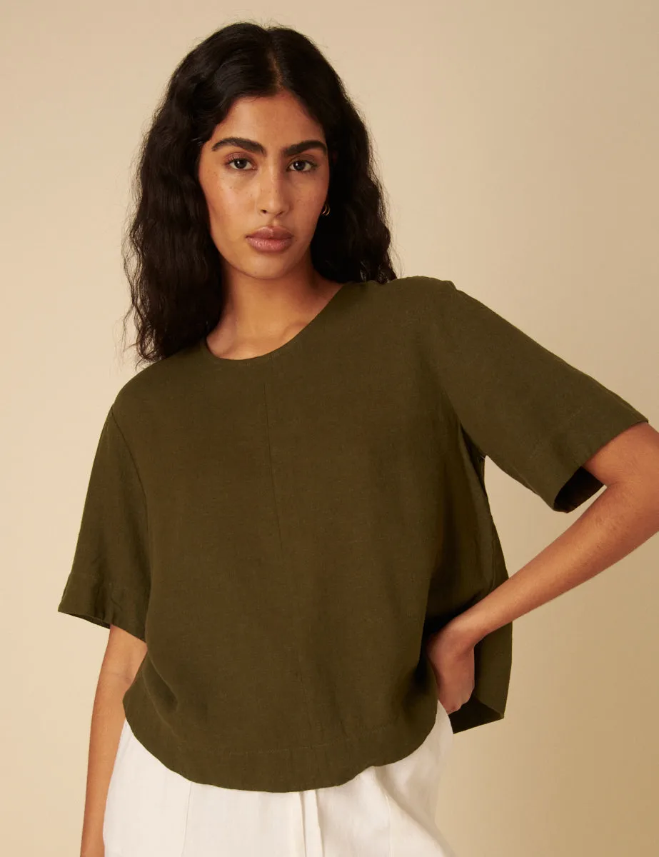 Green Linen-Blend Short Sleeve Top sold by Nobody's Child