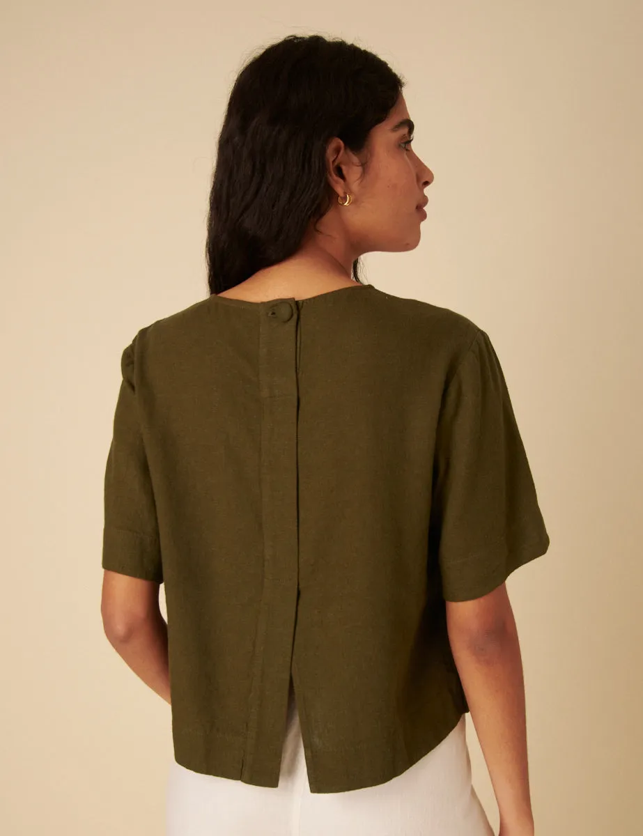 Green Linen-Blend Short Sleeve Top sold by Nobody's Child product image thumbnail 4