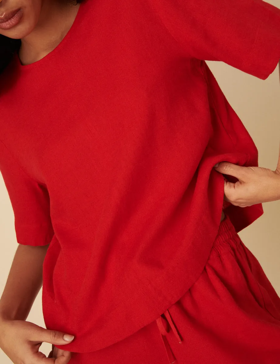 Red Linen-blend Short Sleeve Top sold by Nobody's Child product image thumbnail 2