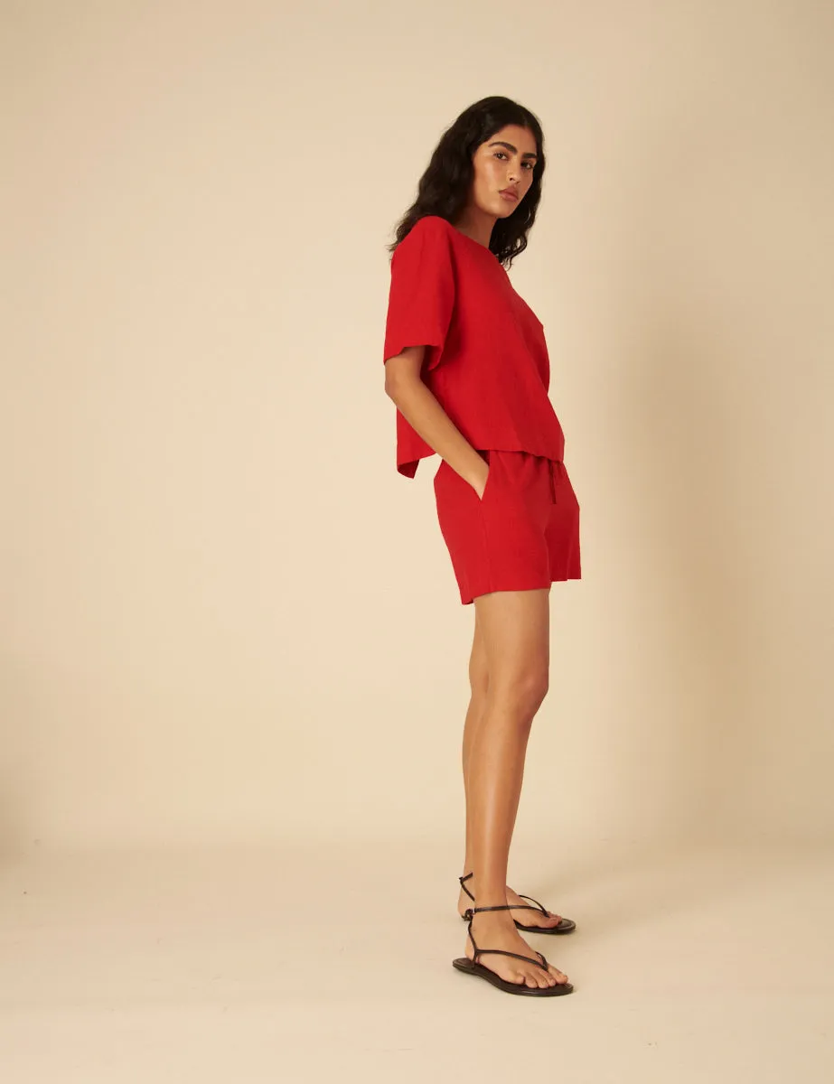 Red Linen-blend Short Sleeve Top sold by Nobody's Child product image thumbnail 3