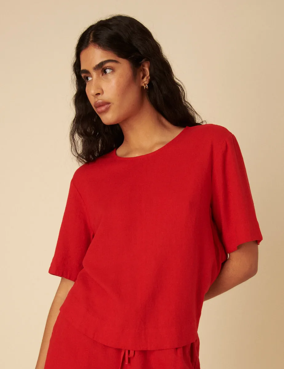 Red Linen-blend Short Sleeve Top sold by Nobody's Child product image thumbnail 4