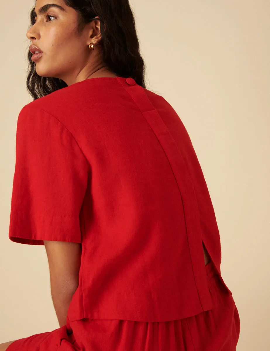 Red Linen-blend Short Sleeve Top sold by Nobody's Child