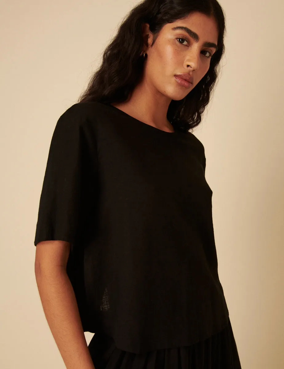 Black Linen-blend Short Sleeve Top sold by Nobody's Child