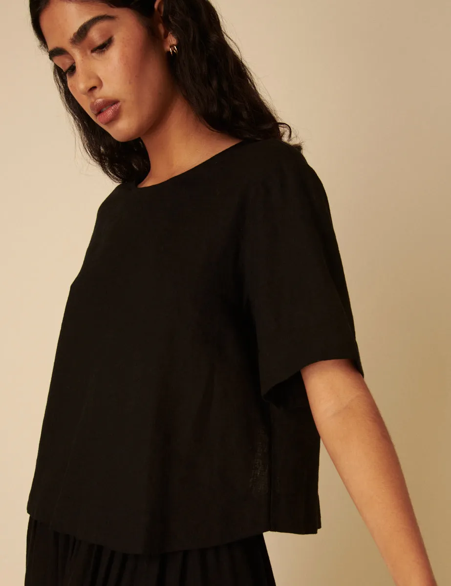Black Linen-blend Short Sleeve Top sold by Nobody's Child product image thumbnail 3