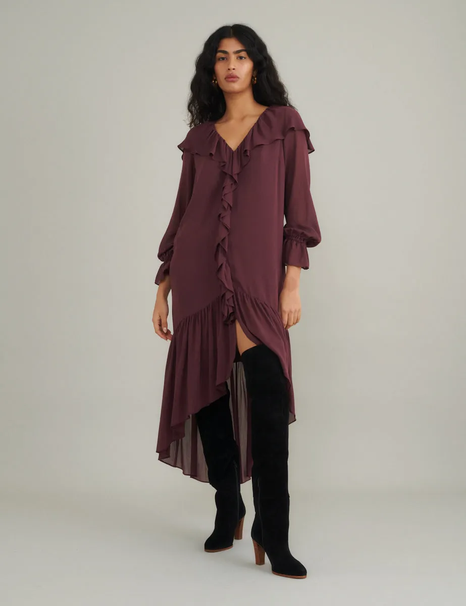Burgundy Chiffon Ruffle Trim Koko Midi Smock Dress sold by Nobody's Child
