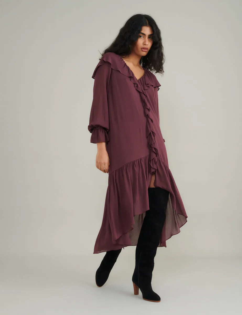 Burgundy Chiffon Ruffle Trim Koko Midi Smock Dress sold by Nobody's Child product image thumbnail 4