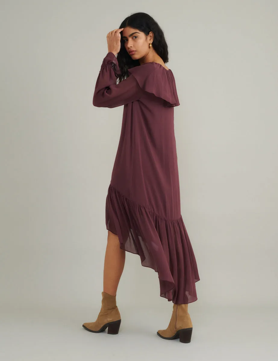 Burgundy Chiffon Ruffle Trim Koko Midi Smock Dress sold by Nobody's Child product image thumbnail 3