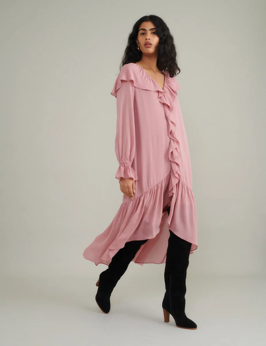 Pink Chiffon Ruffle Trim Koko Midi Smock Dress sold by Nobody's Child