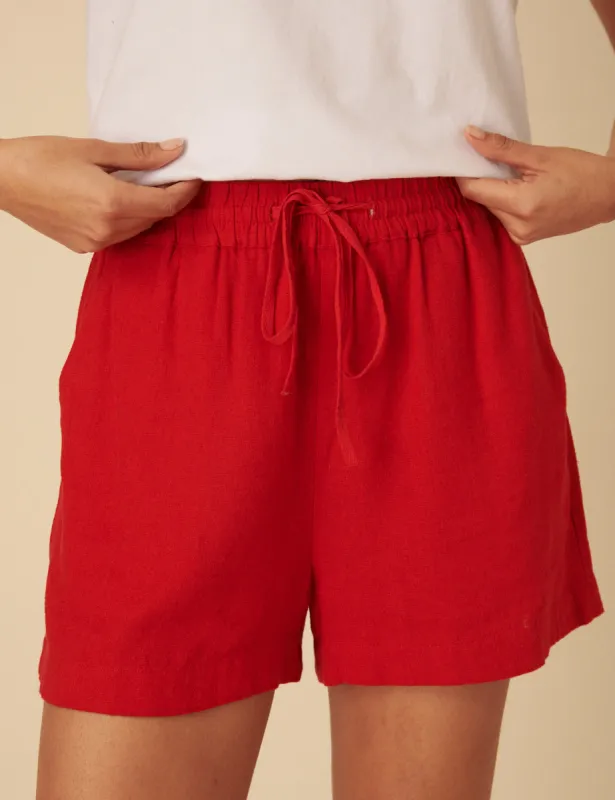 Red Drawstring Linen-blend Jet Shorts sold by Nobody's Child