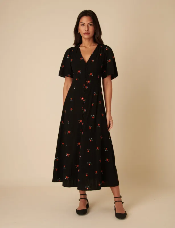 Black Floral Embroidered Andie Midi Dress sold by Nobody's Child
