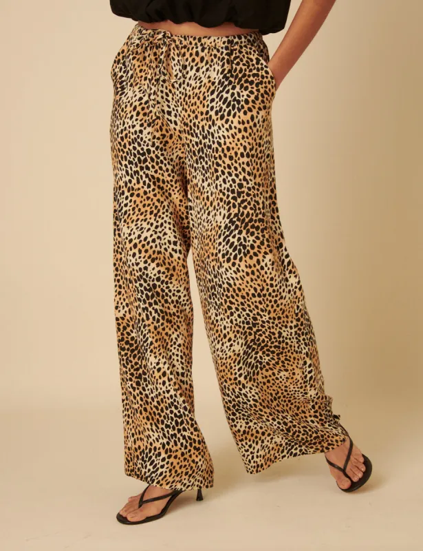 Leopard Print Drawstring Linen-blend Trousers sold by Nobody's Child