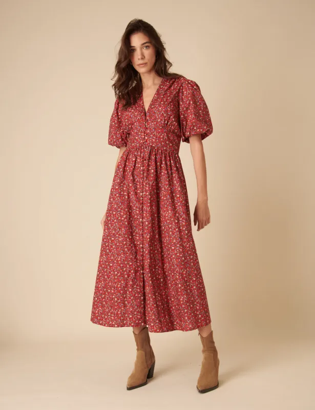Red Ditsy Floral Starlight Midi Dress sold by Nobody's Child
