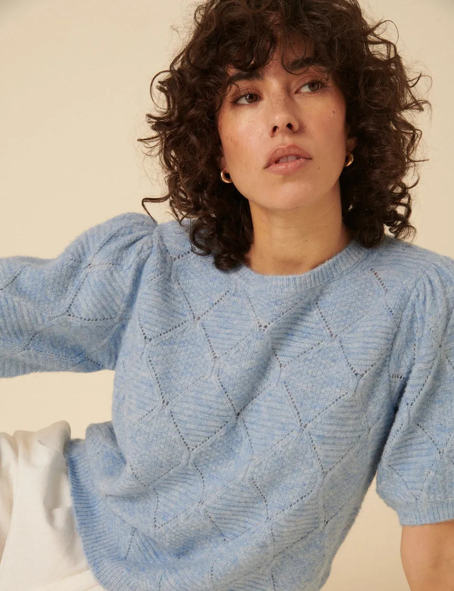 Blue Pointelle Wool Blend Knitted Top sold by Nobody's Child