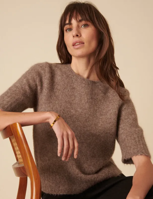 Brown Alpaca Wool Blend Short Sleeve Knitted Top sold by Nobody's Child
