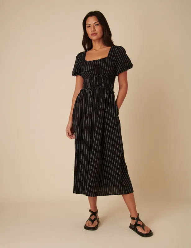 Black Pinstripe Puff Sleeve Aggie Midi Dress sold by Nobody's Child