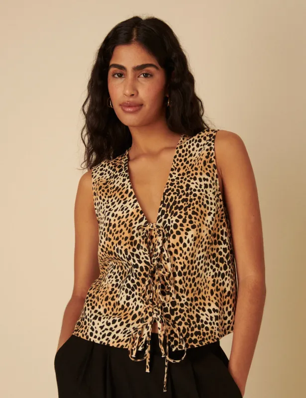 Leopard Print Tie Front Linen-blend Tessa Top sold by Nobody's Child