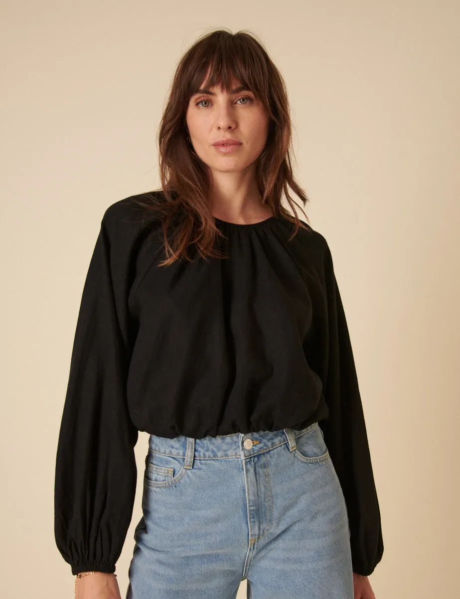 Black Pleated Linen-blend Bubble Hem Top sold by Nobody's Child