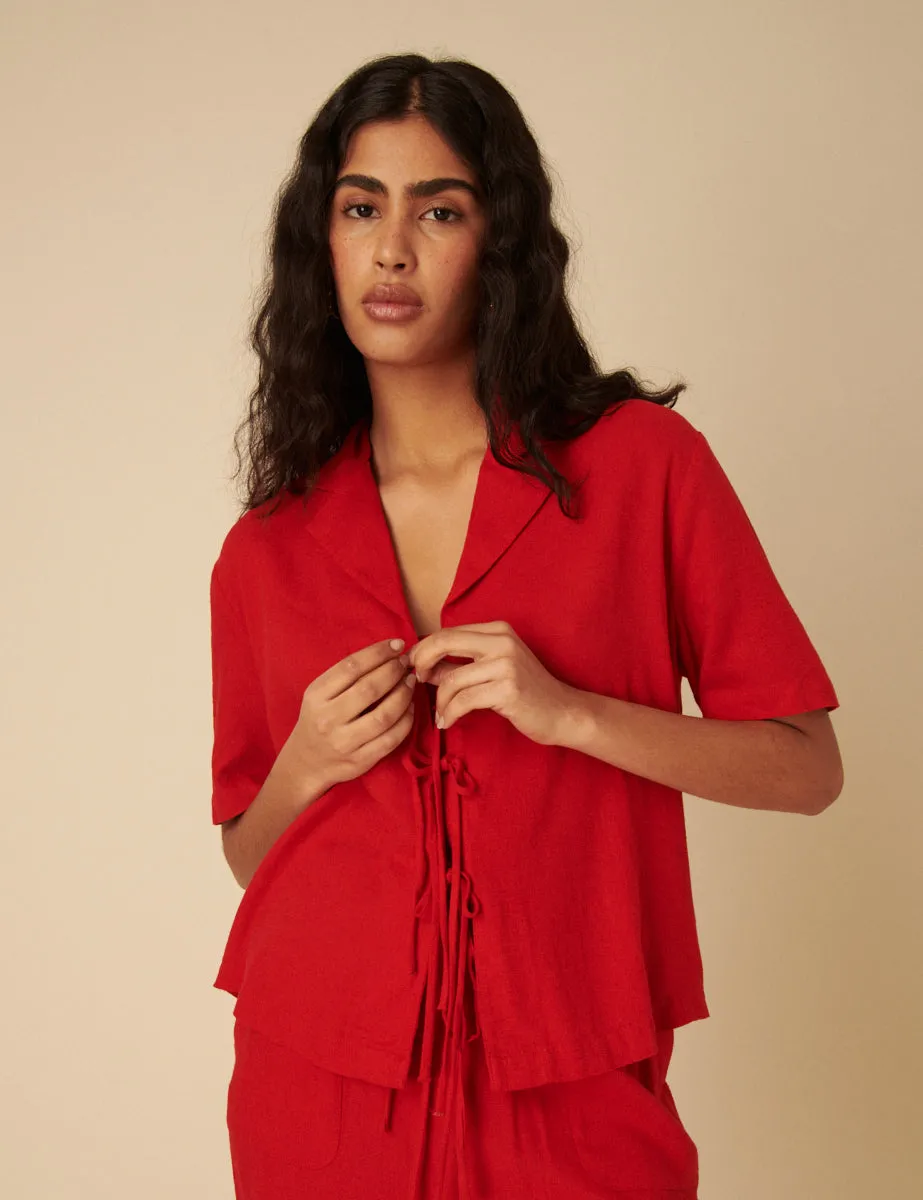 Red Linen-blend Tie Front Shirt sold by Nobody's Child product image thumbnail 2