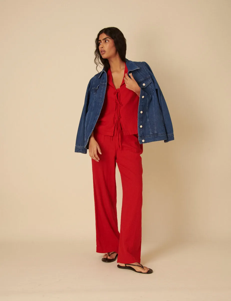 Red Linen-blend Tie Front Shirt sold by Nobody's Child product image thumbnail 4