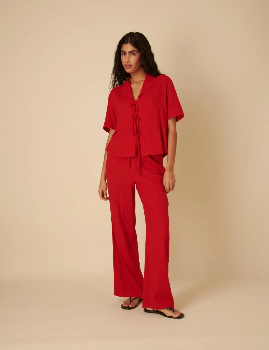 Red Linen-blend Tie Front Shirt sold by Nobody's Child product image thumbnail 5
