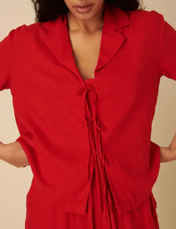 Red Linen-blend Tie Front Shirt sold by Nobody's Child