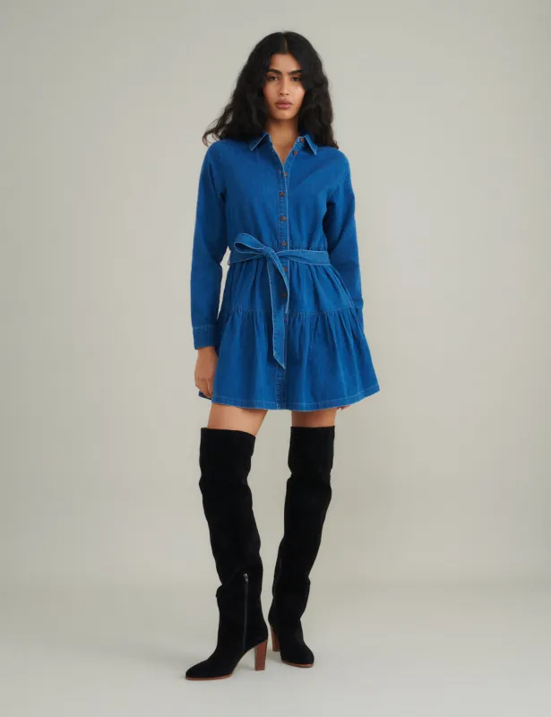 Blue Denim Tie Waist Ester Mini Dress sold by Nobody's Child