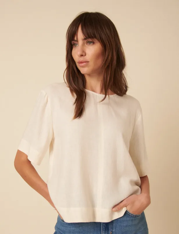 Cream Linen-blend Short-Sleeve Top sold by Nobody's Child