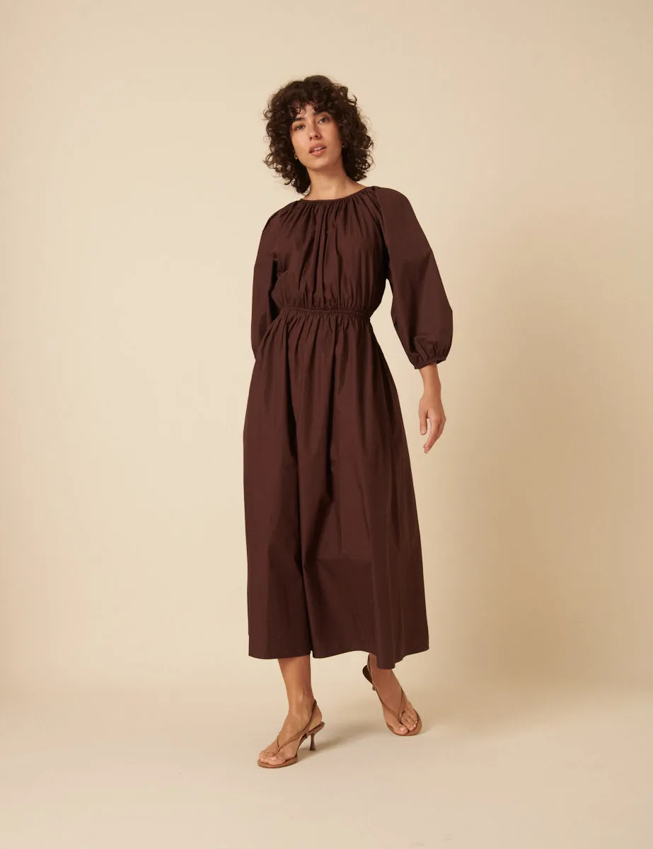 Brown Balloon Sleeve Agatha Midi Dress sold by Nobody's Child