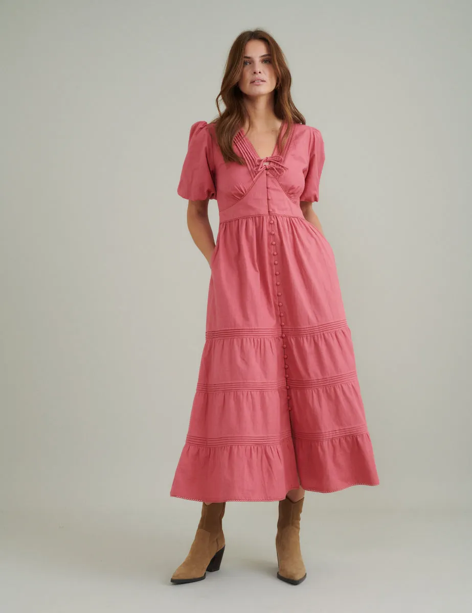 Pink Puff Sleeve Tiered Alexandra Midi Dress sold by Nobody's Child