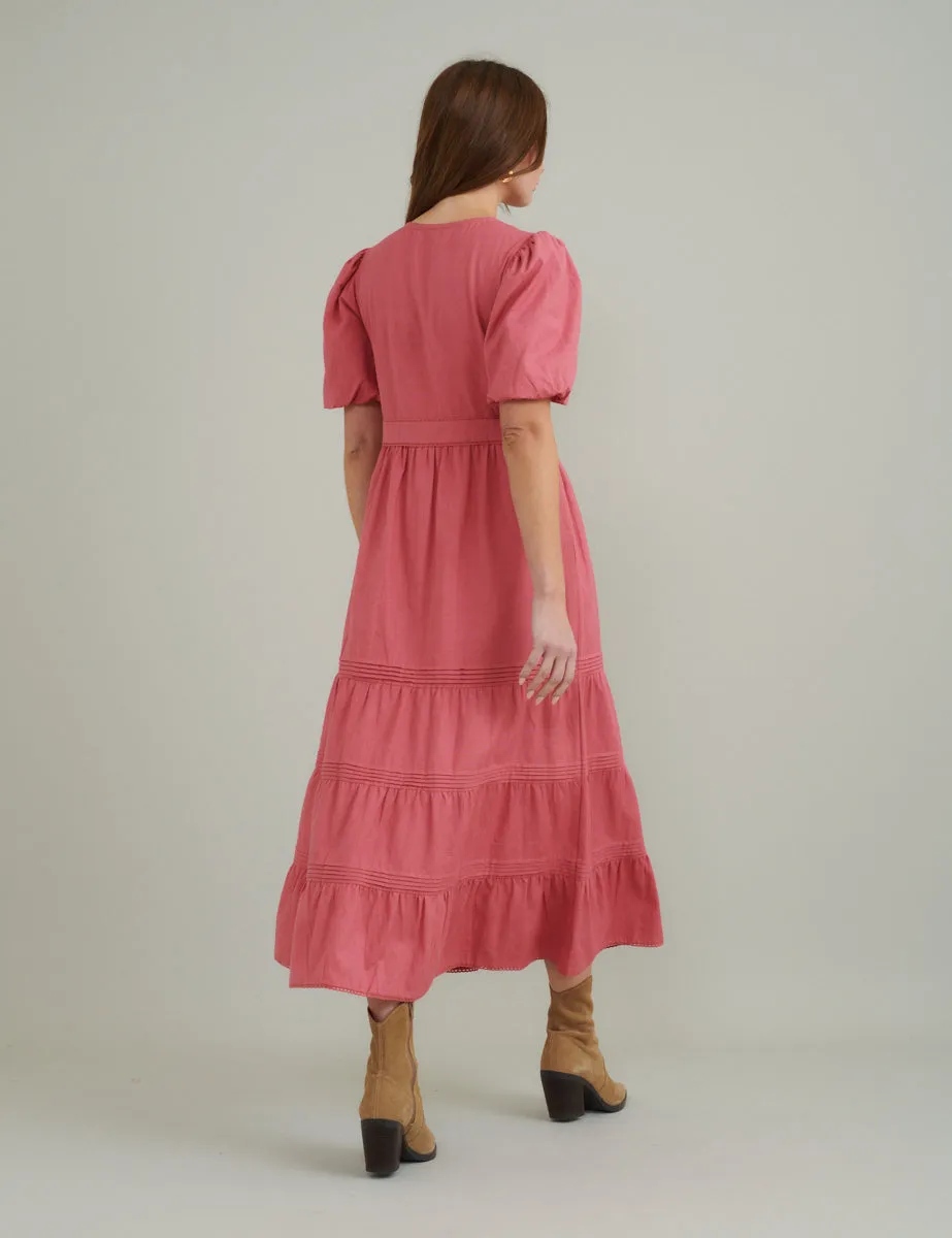 Pink Puff Sleeve Tiered Alexandra Midi Dress sold by Nobody's Child product image thumbnail 4