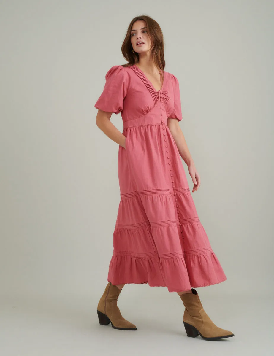 Pink Puff Sleeve Tiered Alexandra Midi Dress sold by Nobody's Child product image thumbnail 3
