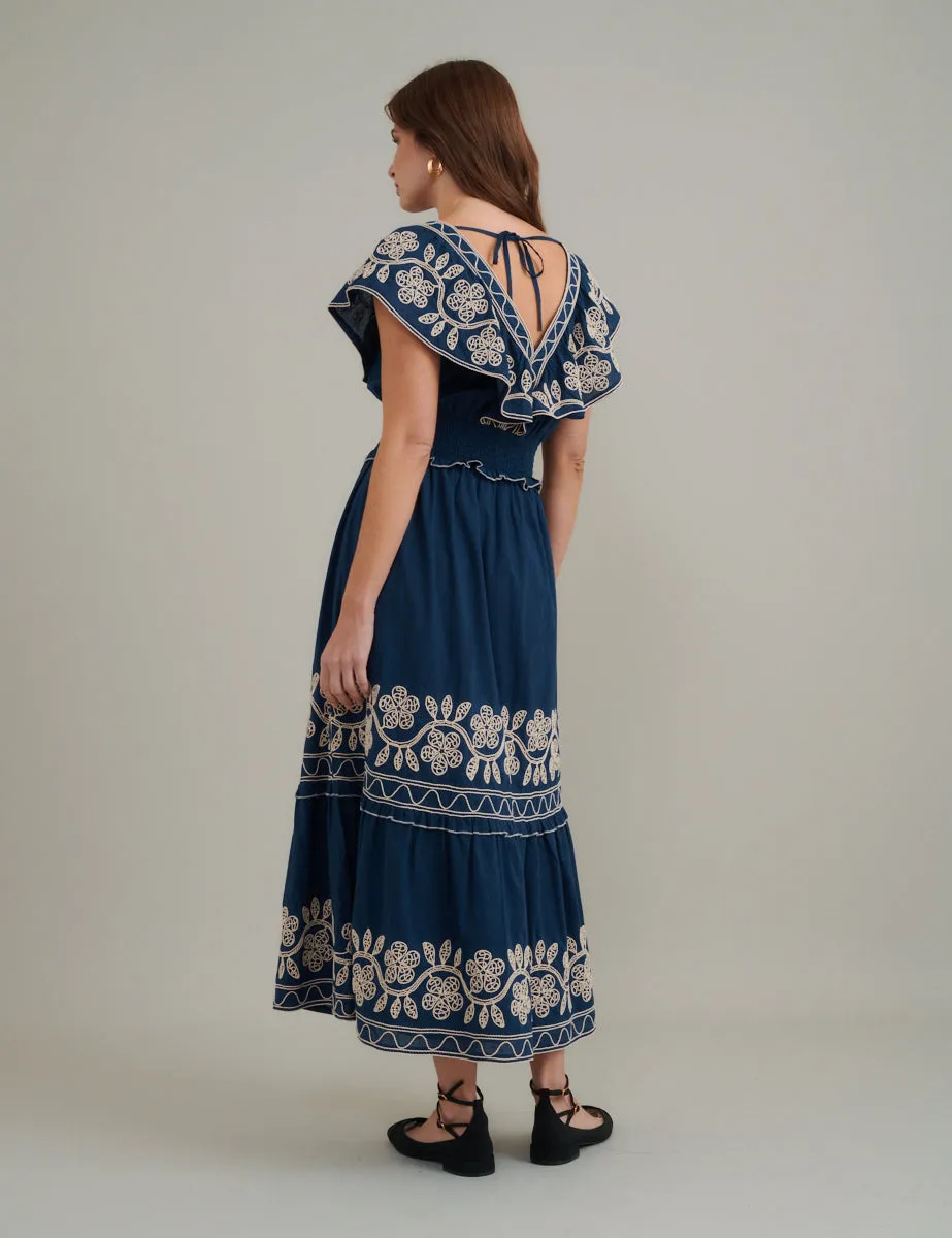 Navy Floral Embroidered Tiered Suzie Midi Dress sold by Nobody's Child product image thumbnail 4