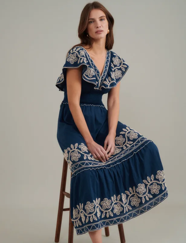 Navy Floral Embroidered Tiered Suzie Midi Dress sold by Nobody's Child