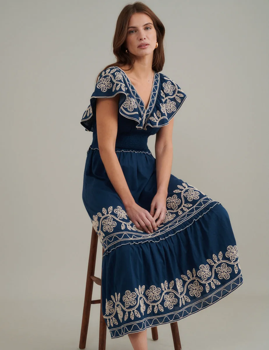 Navy Floral Embroidered Tiered Suzie Midi Dress sold by Nobody's Child