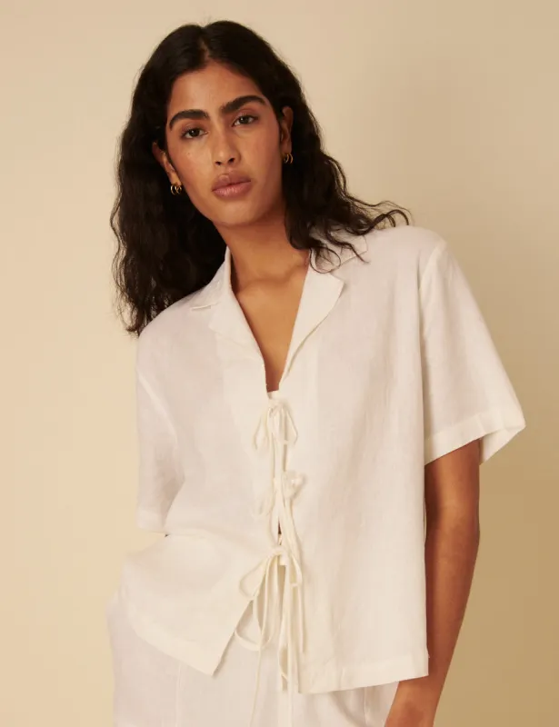 White Linen-blend Tie Front Shirt sold by Nobody's Child