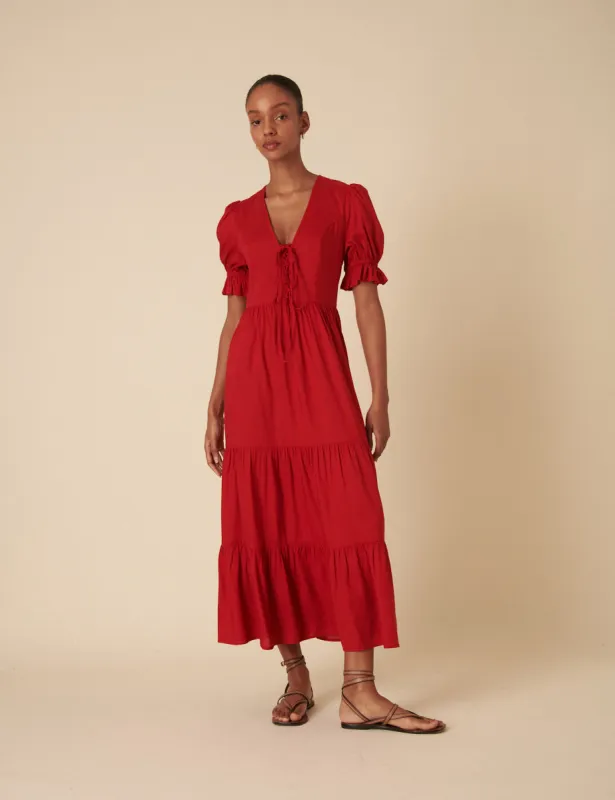 Red Tie Front Tiered Lia Midi Dress sold by Nobody's Child