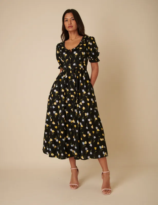 Black Floral Flossie Midi Dress sold by Nobody's Child