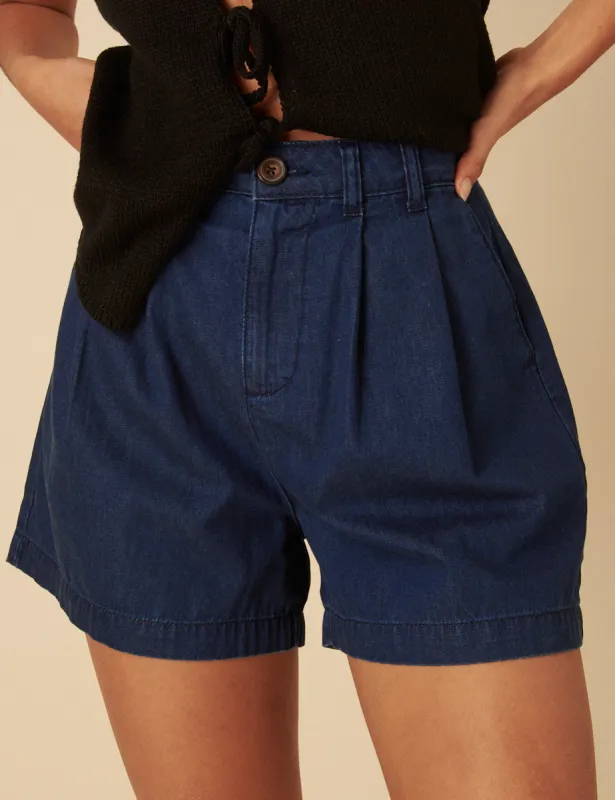 Dark Wash Double Pleat Ava Shorts sold by Nobody's Child