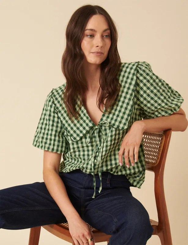 Green Gingham Short Sleeve Birdie Blouse sold by Nobody's Child