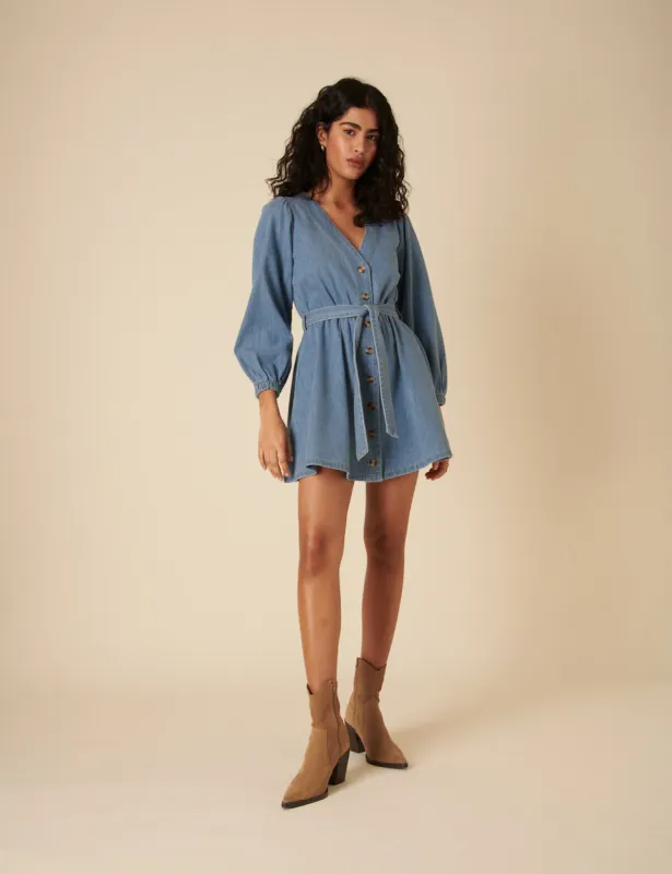 Light Blue Denim Tie Waist Nolan Mini Dress sold by Nobody's Child