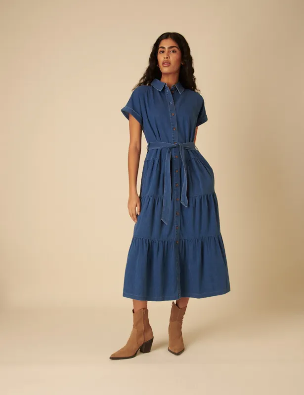 Blue Denim Ester Tiered Shirt Dress sold by Nobody's Child
