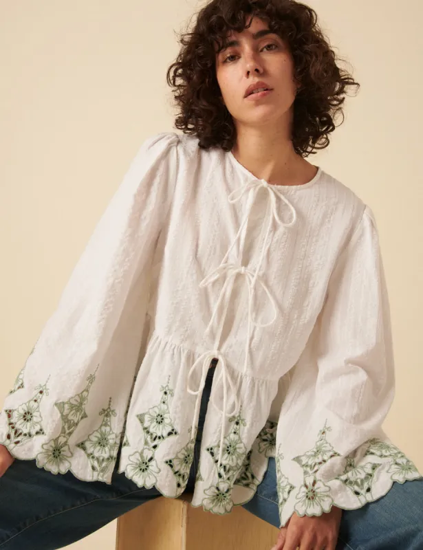 White Tie Front Embroidered Blouse sold by Nobody's Child
