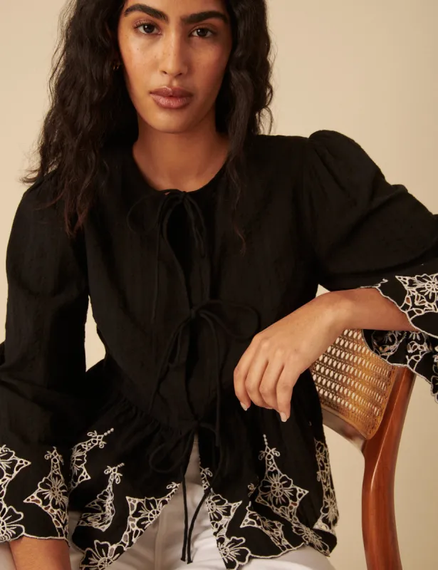 Black Tie Front Embroidered Blouse sold by Nobody's Child