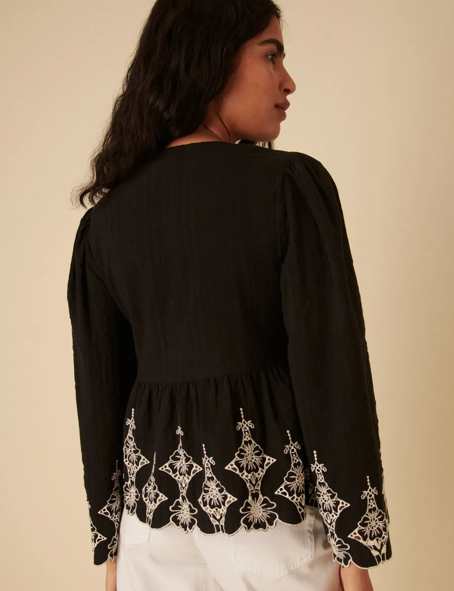 Black Tie Front Embroidered Blouse sold by Nobody's Child product image thumbnail 4