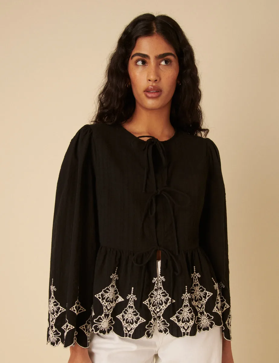 Black Tie Front Embroidered Blouse sold by Nobody's Child product image thumbnail 3
